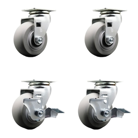 4 Inch Thermoplastic Rubber Swivel Caster Set With Ball Bearings 2 Brakes